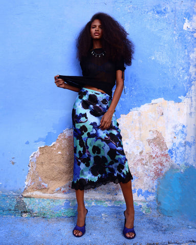 Lena Skirt | Floral Satin Bias Cut Midi Skirt | Rat & Boa