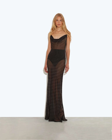 Semi sheer polka dot silk cowl neck maxi dress
