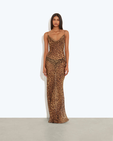 Semi sheer leopard silk cowl neck maxi dress