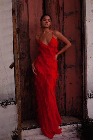 Har det dårligt Fil Kritik Cecelia Dress - Red maxi dress with frill detail